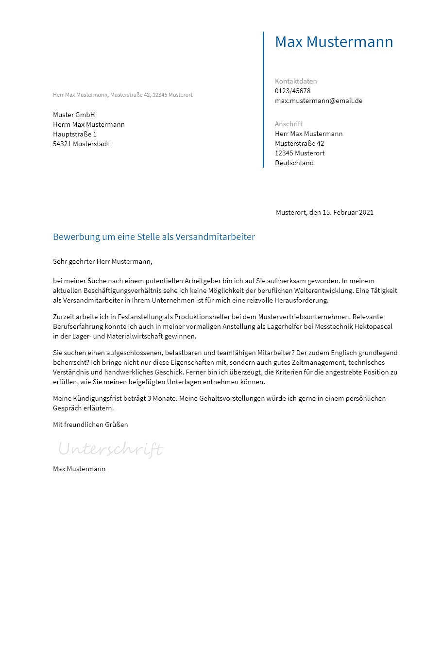 Anschreiben Versandmitarbeiter erstellen