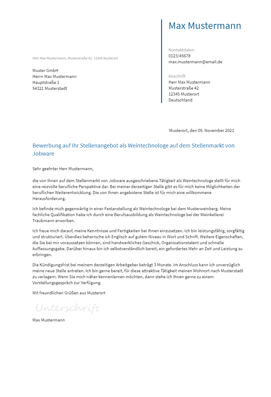 Anschreiben Weintechnologe erstellen