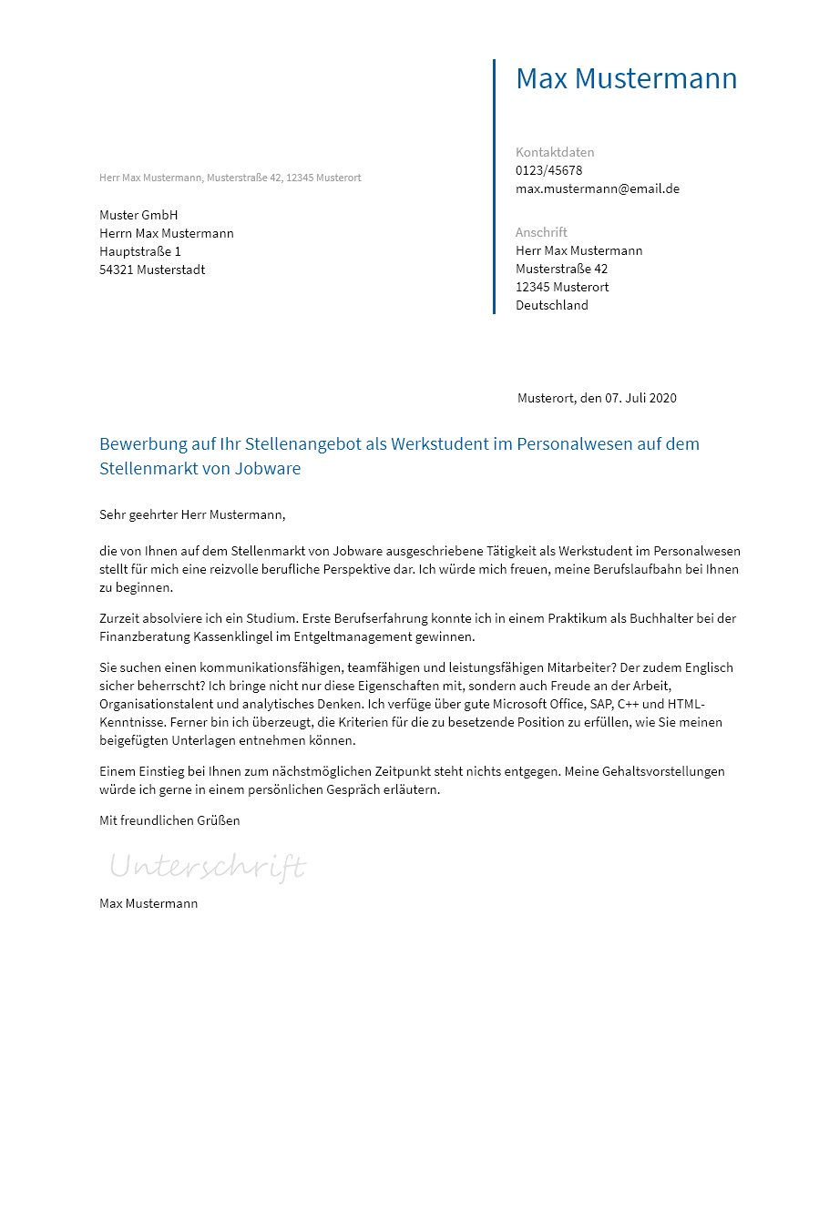 Anschreiben Werkstudent-Personalwesen erstellen