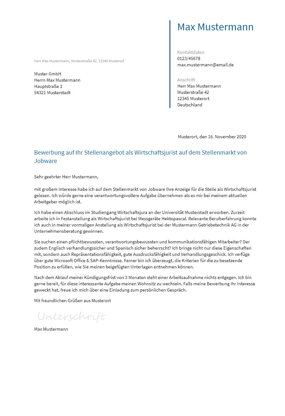 Anschreiben Wirtschaftsjurist erstellen