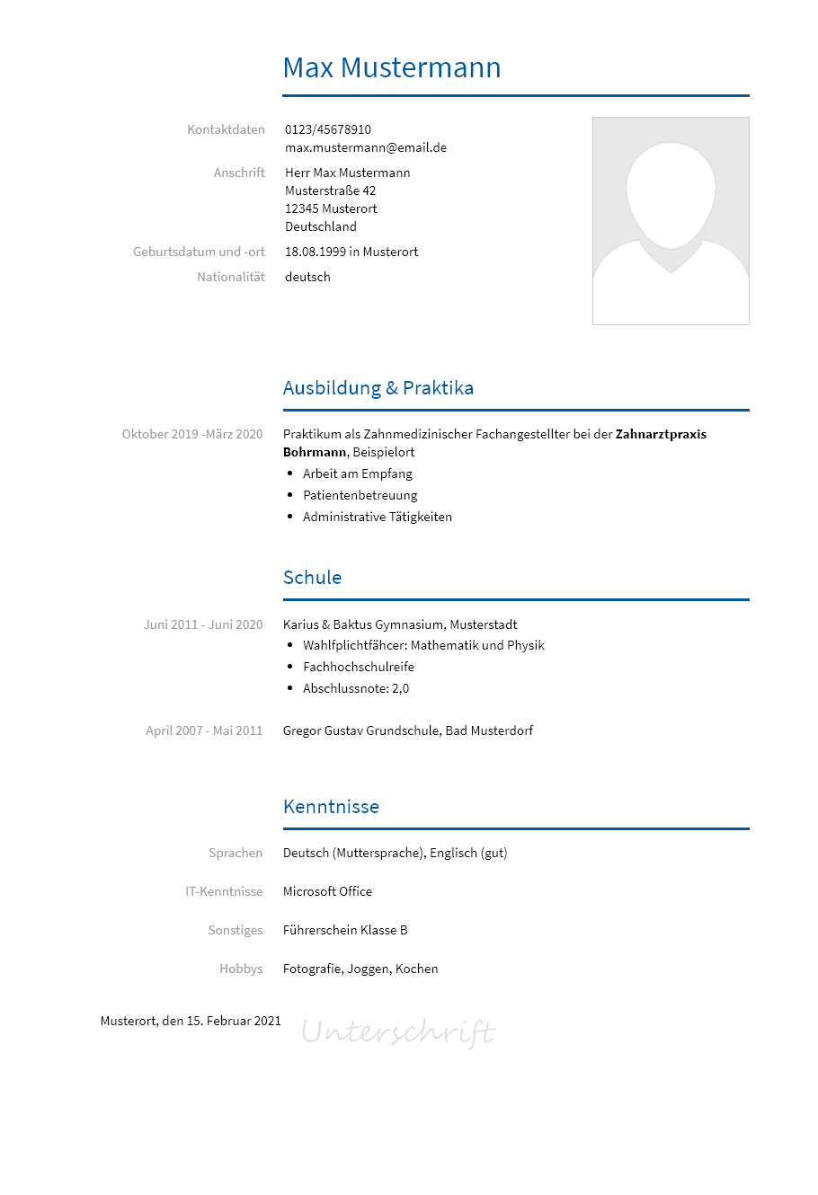Lebenslauf Ausbildung-Zahnmedizinischer-Fachangestellter erstellen