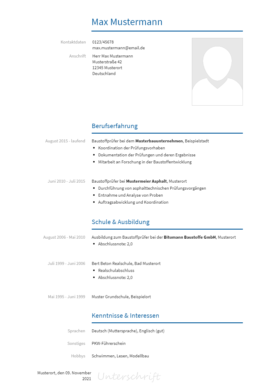 Lebenslauf Baustoffpruefer erstellen
