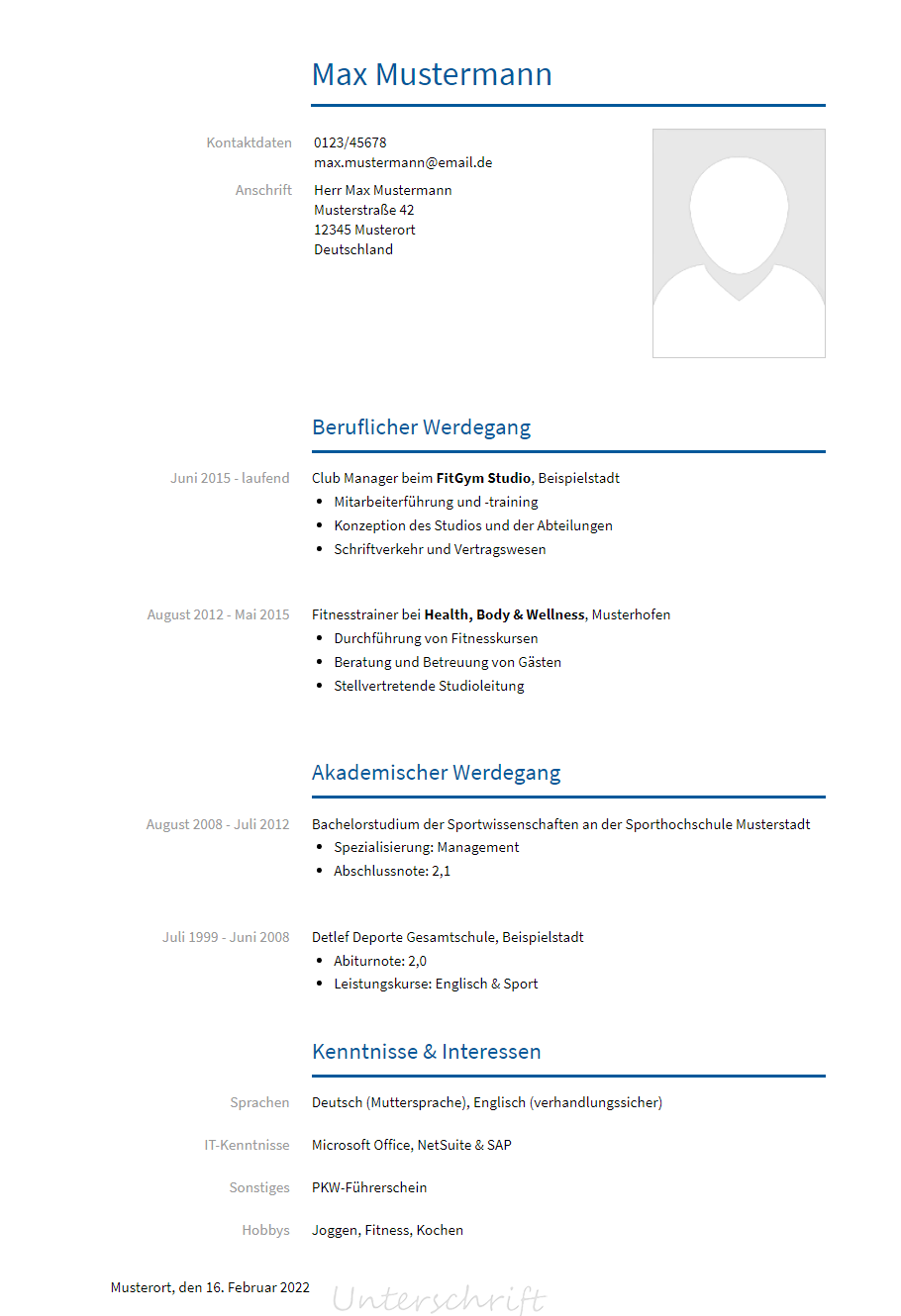 Lebenslauf Club-Manager erstellen