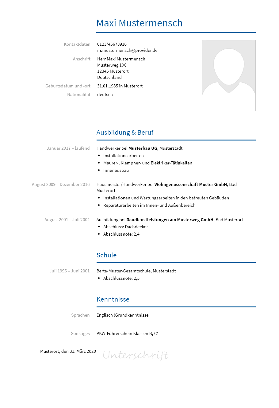 Lebenslauf Handwerker erstellen