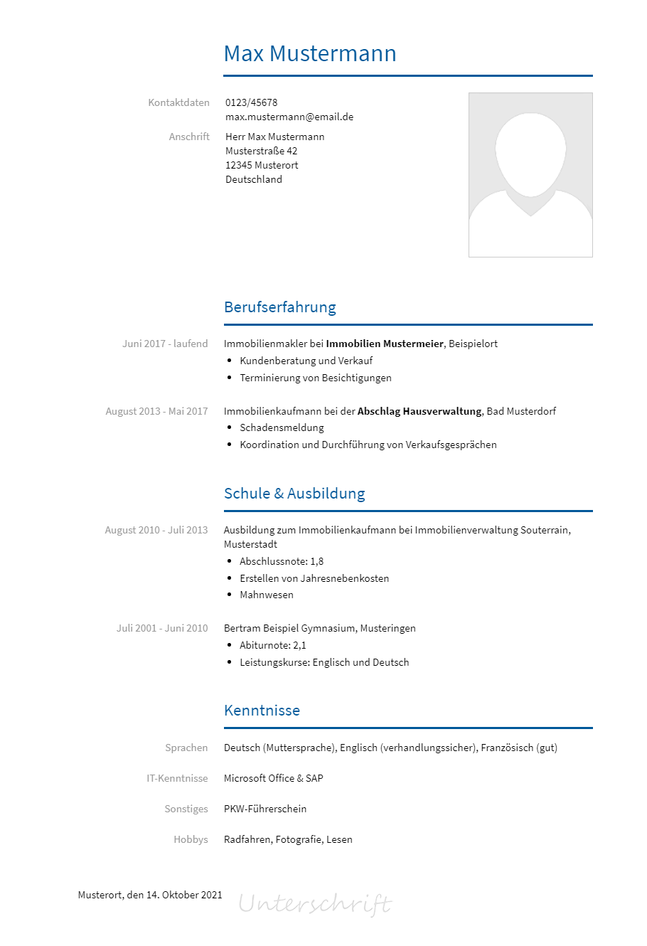 Lebenslauf Immobilienbuchhalter erstellen