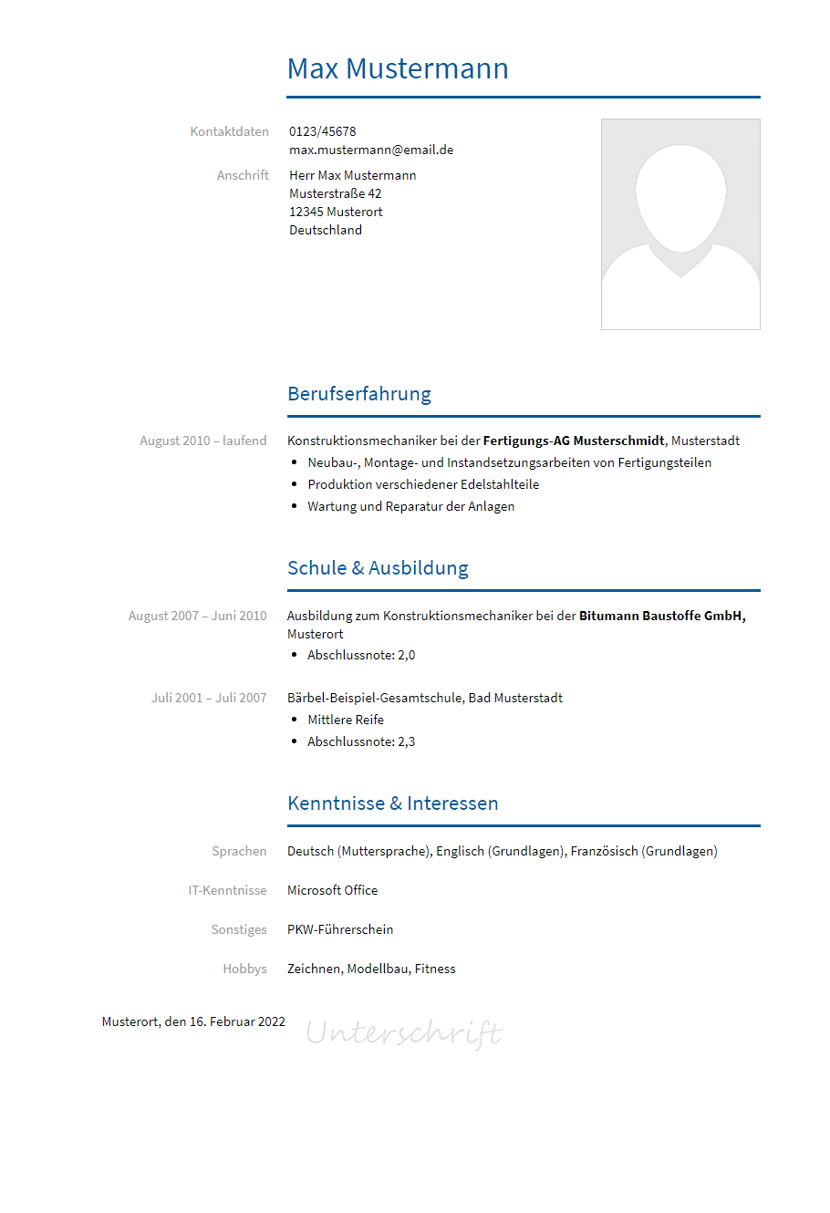 Lebenslauf Konstruktionsmechaniker erstellen