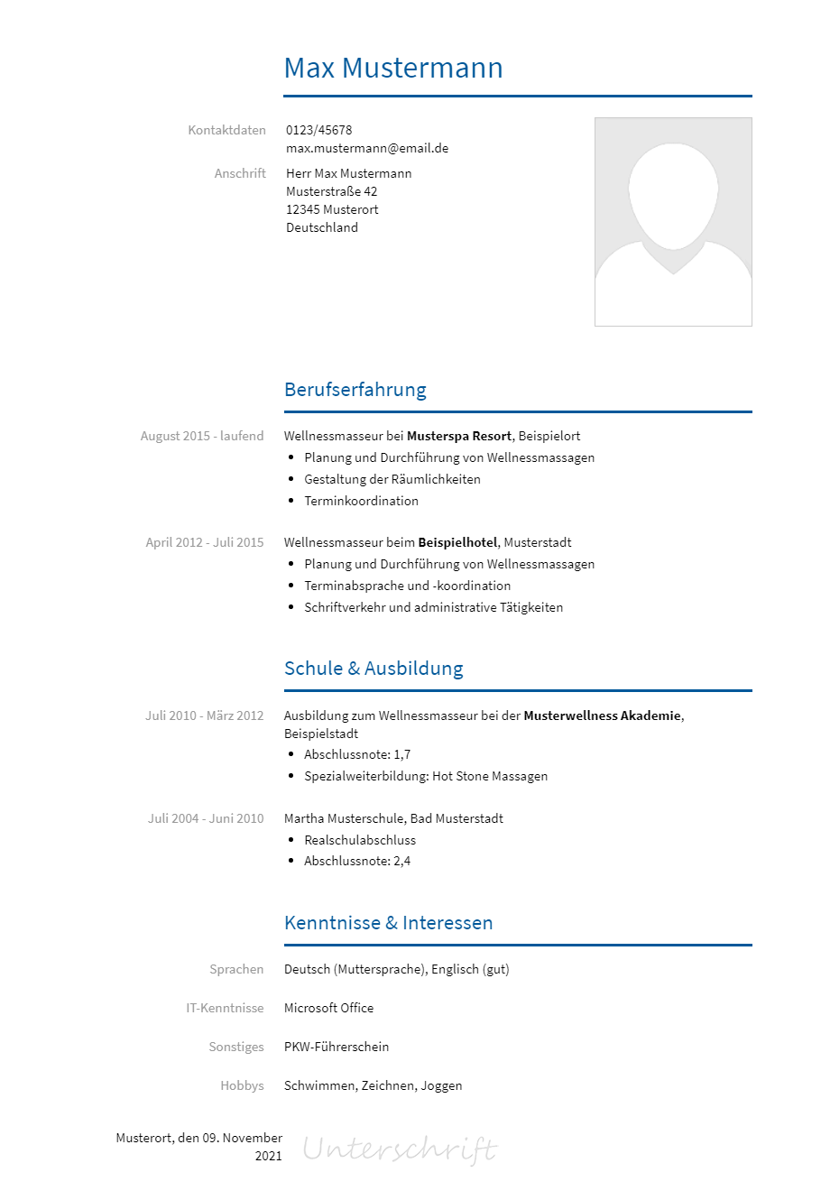 Lebenslauf Masseur erstellen