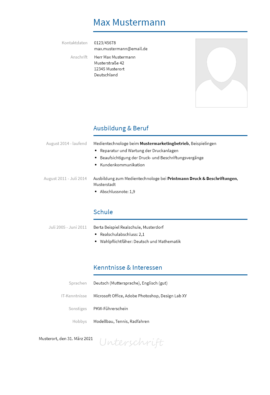 Lebenslauf Medientechnologe erstellen