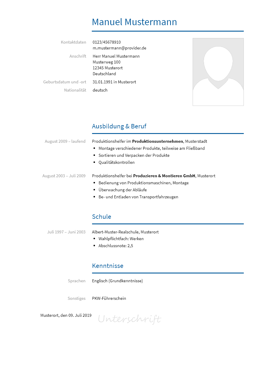 Lebenslauf Produktionshelfer erstellen