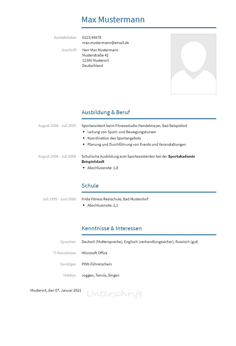 Lebenslauf Sportassistent erstellen