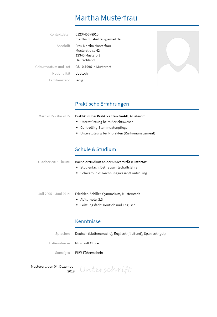 Lebenslauf Praktikum erstellen