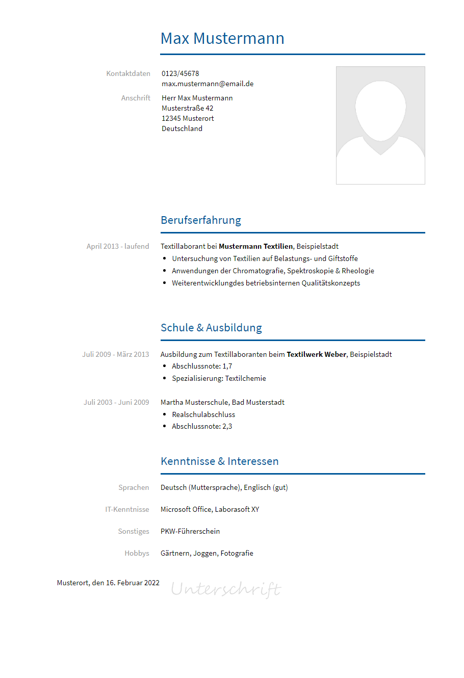 Lebenslauf Textillaborant erstellen