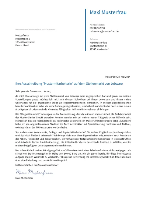 Muster für die professionelle Bewerbung