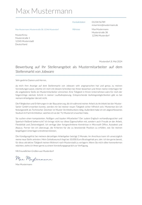 Muster für Bewerbungsschreiben Vorlage Word