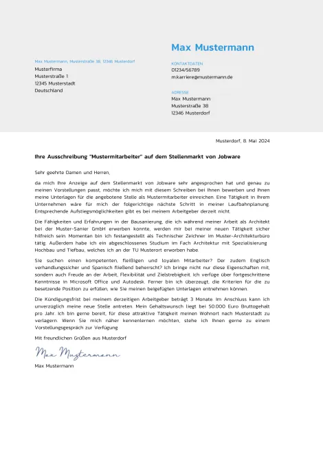 Muster für das Bewerbungsanschreiben 2023