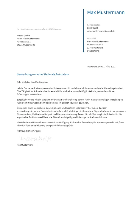 Anschreiben Animateur erstellen
