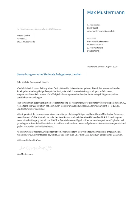 Anschreiben Anlagenmechaniker erstellen