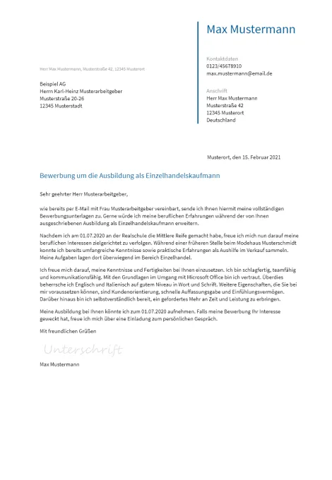 Anschreiben Ausbildung-Einzelhandel erstellen