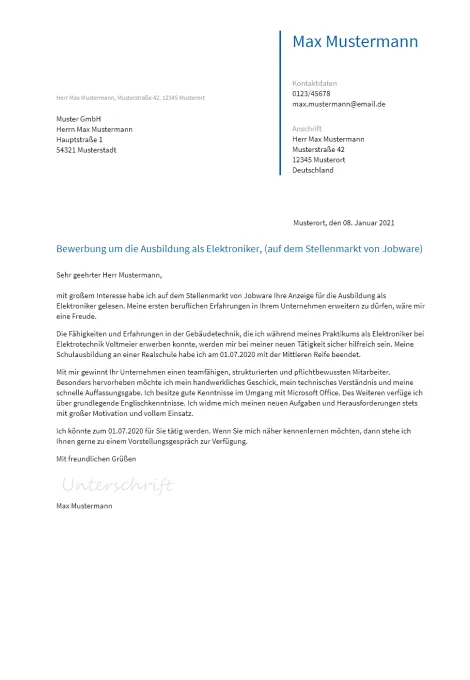 Anschreiben Ausbildung-Elektroniker erstellen