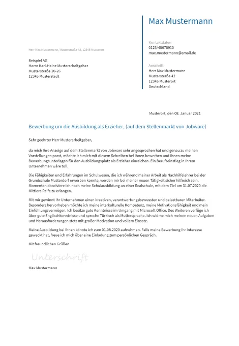 Anschreiben Ausbildung-Erzieher erstellen