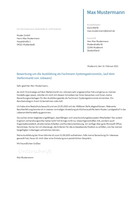 Anschreiben Ausbildung-Fachmann-Systemgastronomie erstellen