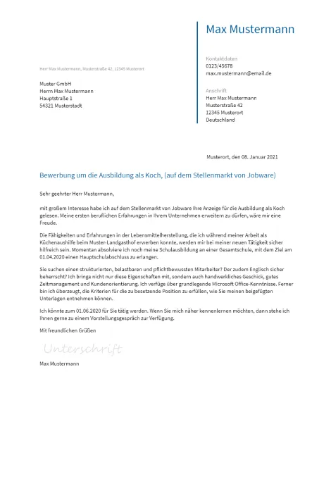 Anschreiben Ausbildung-Koch erstellen