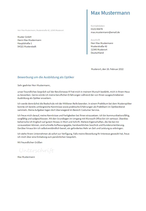 Anschreiben Ausbildung-Optiker erstellen