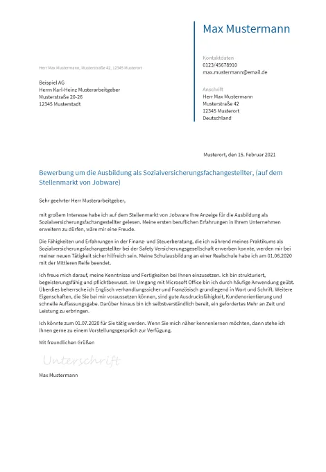 Anschreiben Ausbildung-Sozialversicherungsfachangestellter erstellen