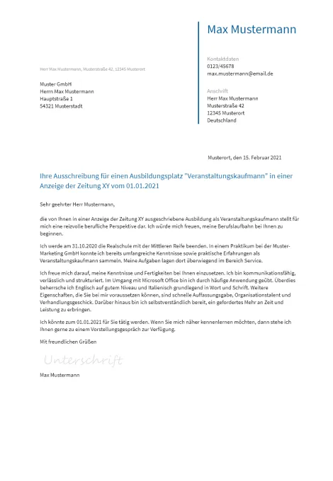Anschreiben Ausbildung-Veranstaltungskaufmann erstellen