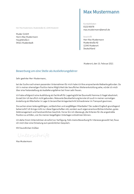 Anschreiben Auslieferungsfahrer erstellen