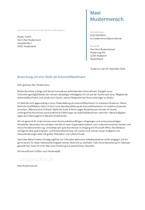 Anschreiben Automobilkaufmann erstellen