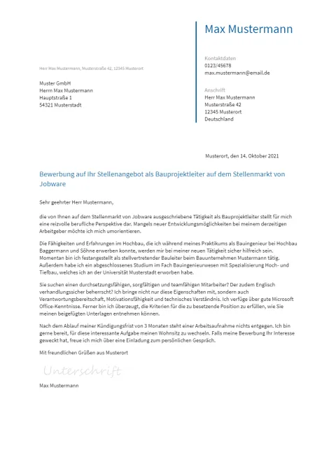 Anschreiben Bauprojektleiter erstellen