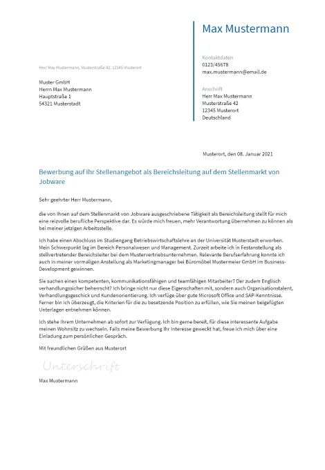 Anschreiben Bereichsleitung erstellen