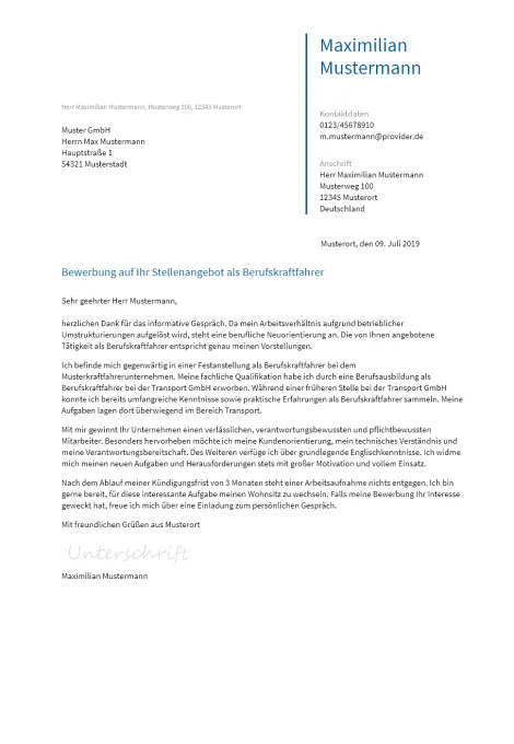 Anschreiben Berufskraftfahrer erstellen