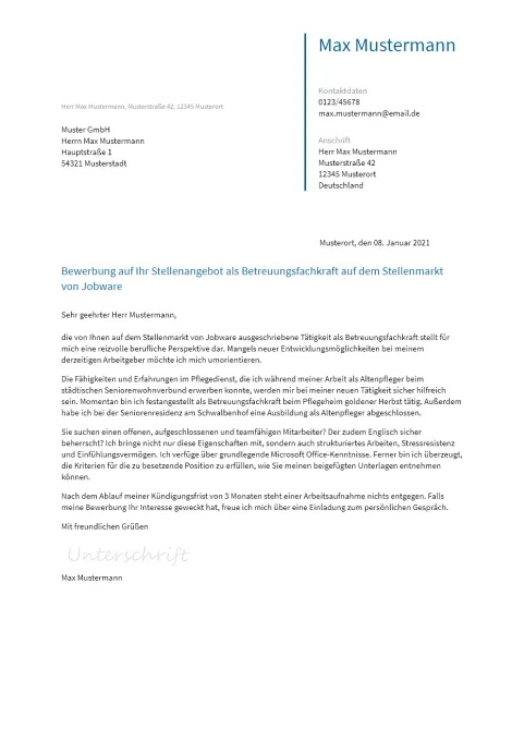 Anschreiben Betreuungsfachkraft erstellen