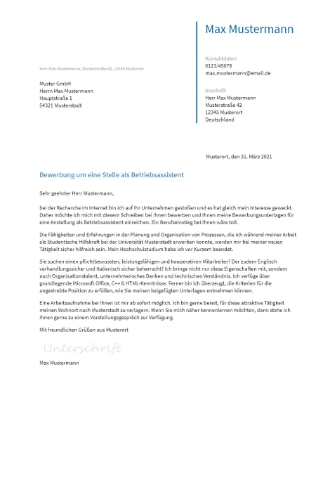 Anschreiben Betriebsassistent erstellen