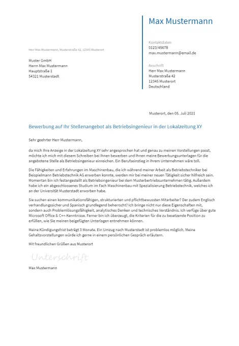 Anschreiben Betriebsingenieur erstellen