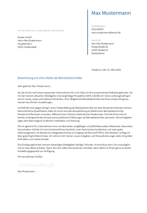 Anschreiben Betriebstechniker erstellen