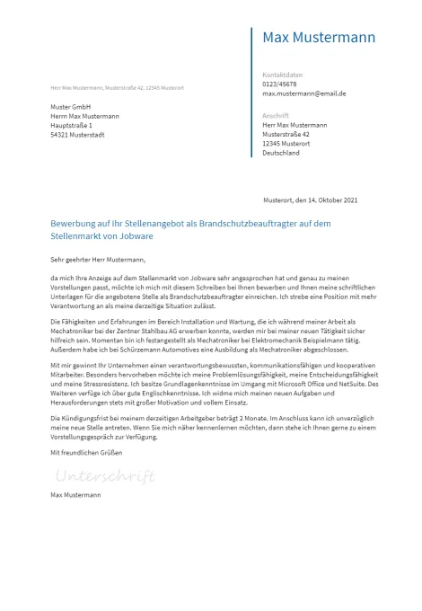 Anschreiben Brandschutzbeauftragter erstellen
