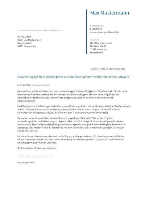 Anschreiben Chauffeur erstellen