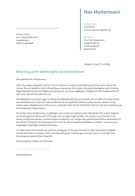 Anschreiben Chemielaborant erstellen