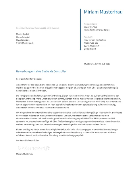 Anschreiben Controller erstellen
