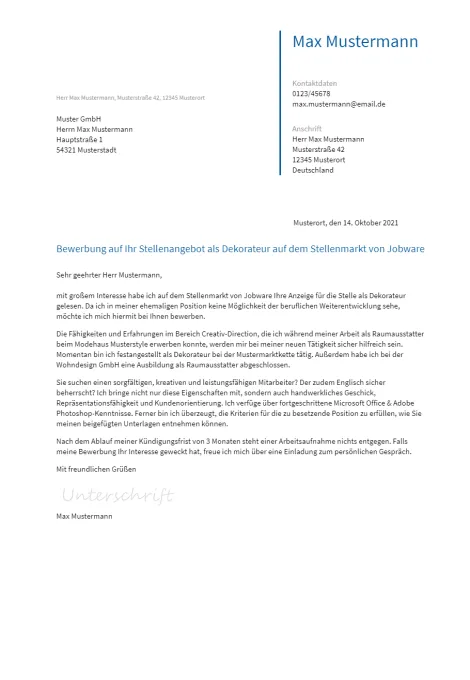 Anschreiben Dekorateur erstellen