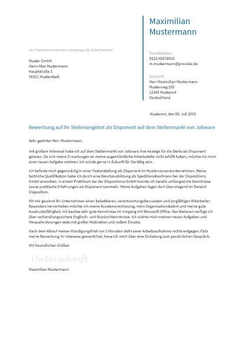 Anschreiben Disponent erstellen