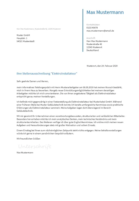 Anschreiben Elektroinstallateur erstellen