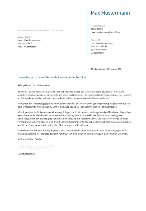 Anschreiben Feinwerkmechaniker erstellen