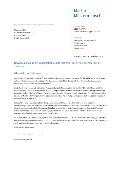 Anschreiben Fitnesstrainer erstellen