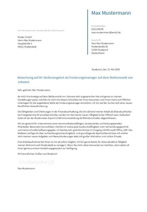 Anschreiben Forderungsmanager erstellen