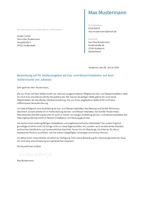 Anschreiben Gas-Und-Wasserinstallateur erstellen