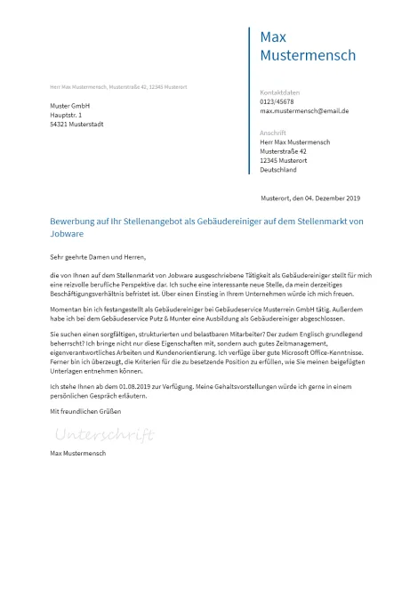 Anschreiben Gebaeudereiniger erstellen